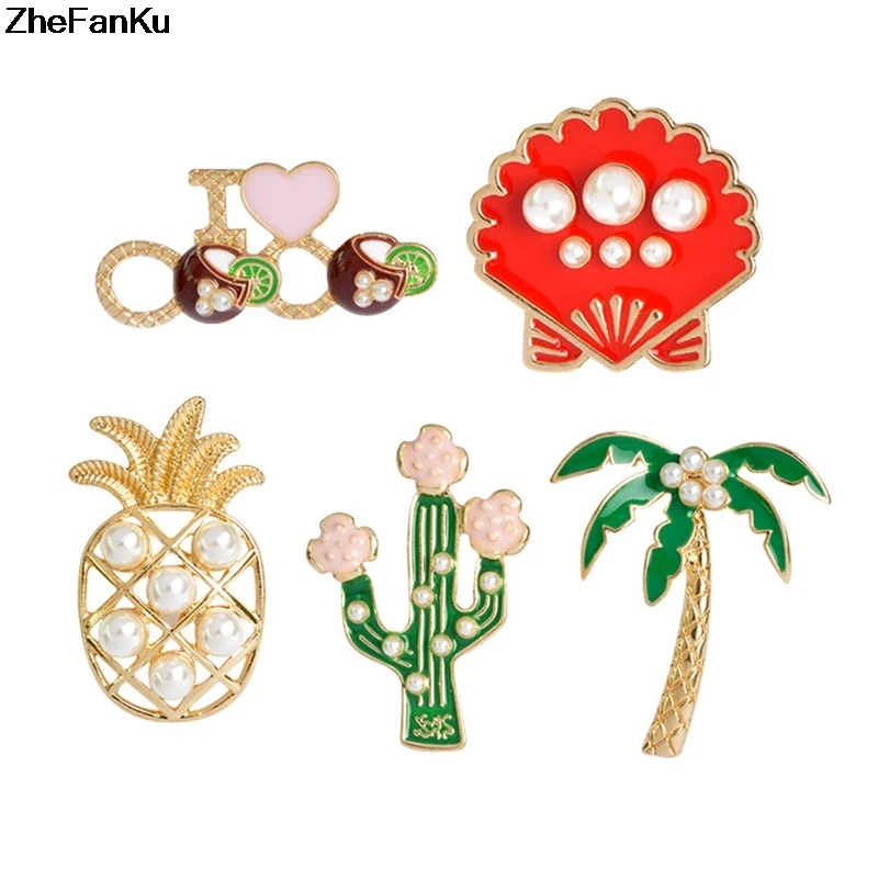 

Lovely Brooch Personality Alloy Pineapple Tree Cactus Shape with Simulated Pearl Brooches For Women Accessories