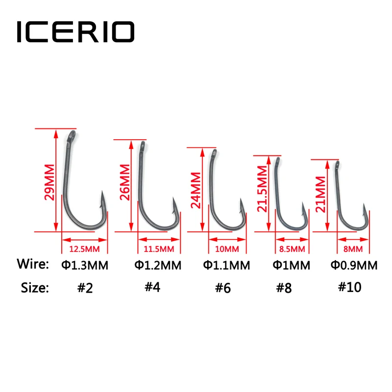 ICERIO 30 шт. с тефлоновым покрытием, длинный хвостовик, крючок для ловли карпа, изогнутый глаз, матовый черный крючок для ловли карпа, крючки для снаряжения