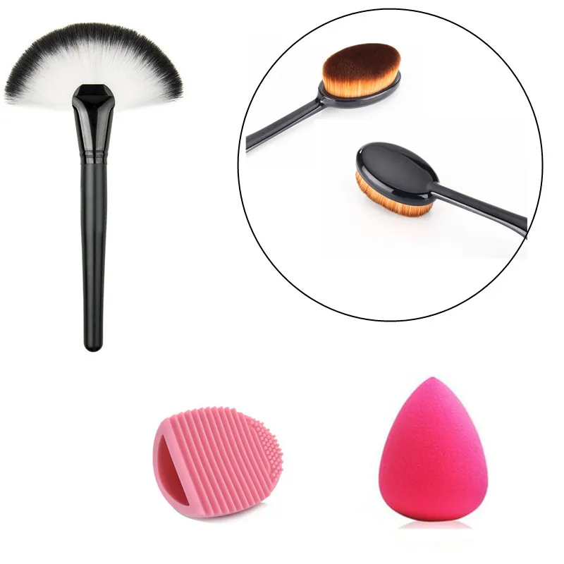 

4Pcs/Set Large Fan Makeup Brush,Oval Makeup Brush Toothbrush Contour Brushes,Cosmetics Brushes Silicone Cleaner Glove,Sponge BO