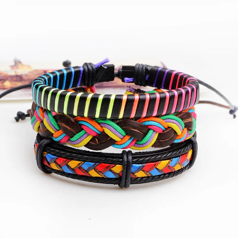 

4pcs/set Multicolor Punk Vintage Genuine Leather Alloy PU Hemp Rope Boho Gypsy Adjustable Braided Men Women Wrap Rope Bracelets