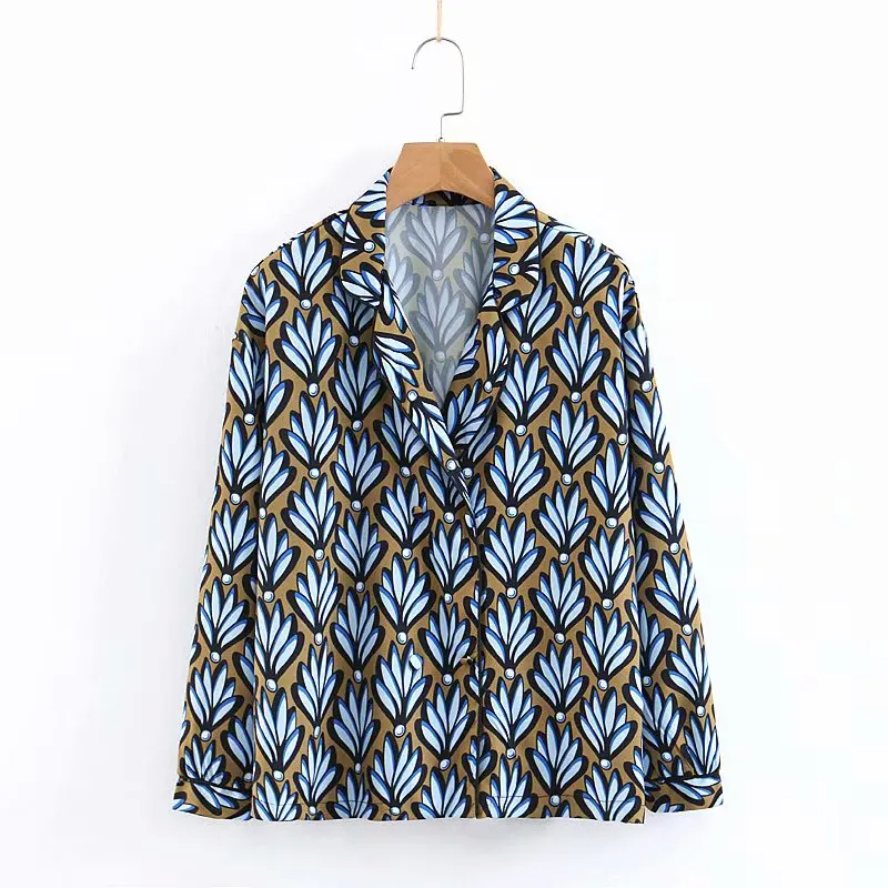 

Vintage Chic Grass Print Blouse Notched Collar Shirts for OL Women Za 2019 Fashion Blusas Mujer