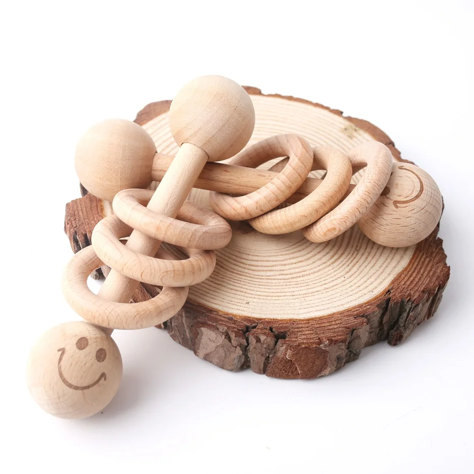 2pcs Smile Wooden Beads Teether Rattle Baby Crib Toy Food Grade Wooden Teething Interactive Toys Safe and Natural Baby Gifts