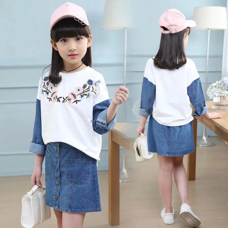 

Girl Suit 2018 Spring Fashion New Pattern Long Sleeve Split Joint Embroidered T-shirts Cowboy Short Skirt Twinset