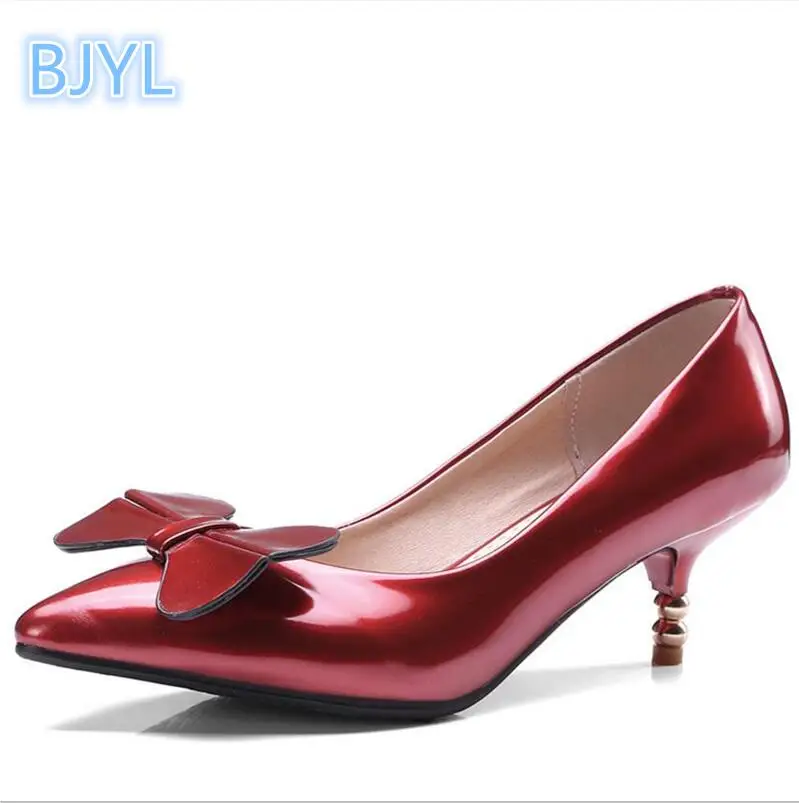 

BJYL 2018 spring and summer new patent leather pointed head with a single shoe bow wild stiletto red wedding shoes