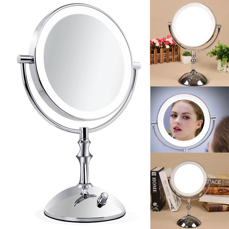 

8 Inch Desktop Makeup Mirror Double-sided Metal Mirror 3X 5X 10X Magnifying Cosmetic Mirror LED Lamp Adjust The Brightness