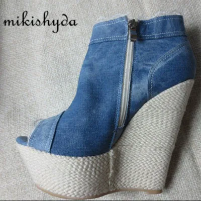 Épaisse Peep Mujer Botines Hauts Cheville Coins Talons Slop Imperméables Semelle Denim Bottes Remise Cowboy Sexy toe Bleu Plataforma SOIqg4P