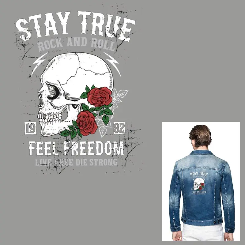 

ONESAID Cool Adults Skull Patches for Jackets Fabric Sticker Heat Transfers for Clothes Washable Big Skull Patch with Rose S-119