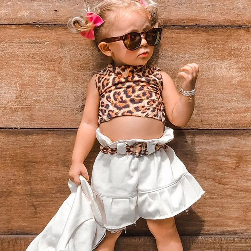 

2019 Summer Newborn Toddler Baby Girl Leopard Print Clothes Set Vest Crop Tops Ruffles Shorts 2Pcs Toddler Infant Girls Clothing