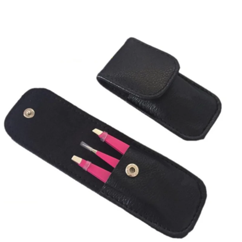 

3 PCS /set Eyebrow Tweezers Stainless Steel Point Tip/Slant Tip/Flat Tip Hair Removal Makeup Tool Kit with pink\black Bag case