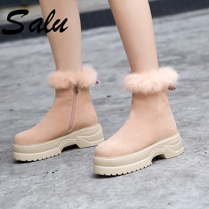 

Salu Real Cow Suedeleather Winter Snow Boots for Women Fur Wool Lined Winter Shoes Woman Platform High Quality Free Shipping
