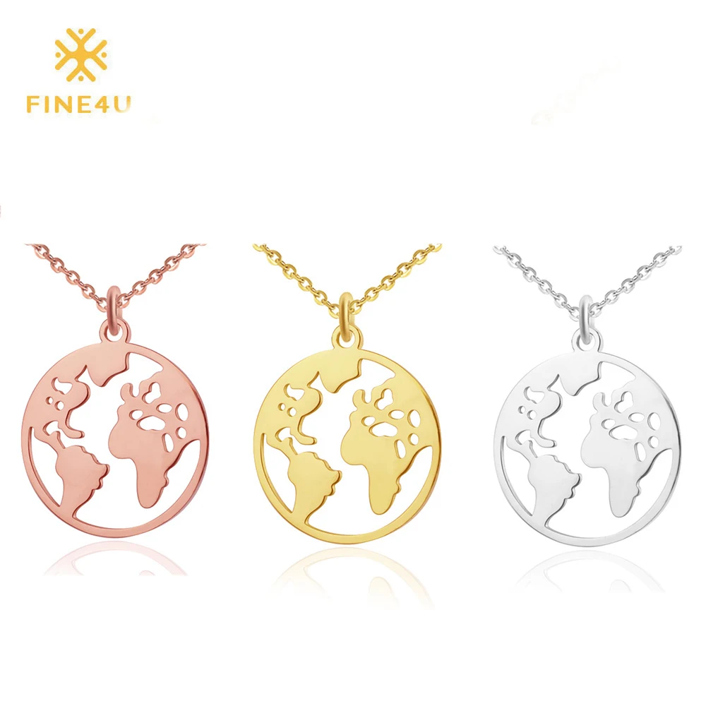 Винтажное ожерелье FINE4U N110 с глобусом картой мира колье из нержавеющей стали 316L