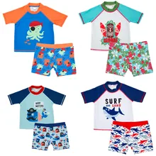 Купальный костюм для маленьких мальчиков с короткими рукавами; детский купальник из двух предметов; купальный костюм с принтом животных; пляжный купальный костюм с защитой от солнца