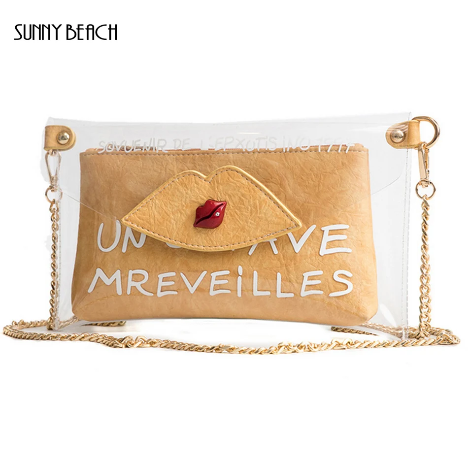 

SUNNY BEACH brand fashion design Transparent lips bag hand holding envelope chain Shoulder bag message bag