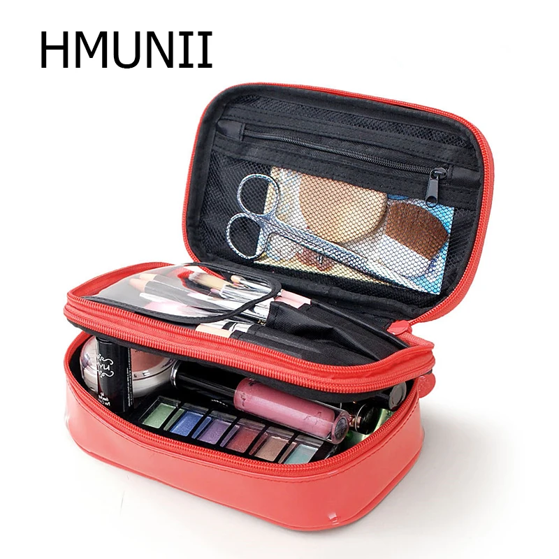 HMUNII бренд двойной слой косметики сумка крест PU Косметика многофункциональная сумка для косметики ремень карман Макияж сумка туалетных принадлежностей