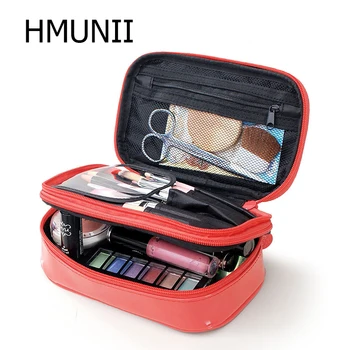 

HMUNII Brand Double Layer Cosmetic Bag Cross PU Cosmetics Multifunctional Cosmetic Bag Belt Pocket Makeup Bag Toiletry Bag