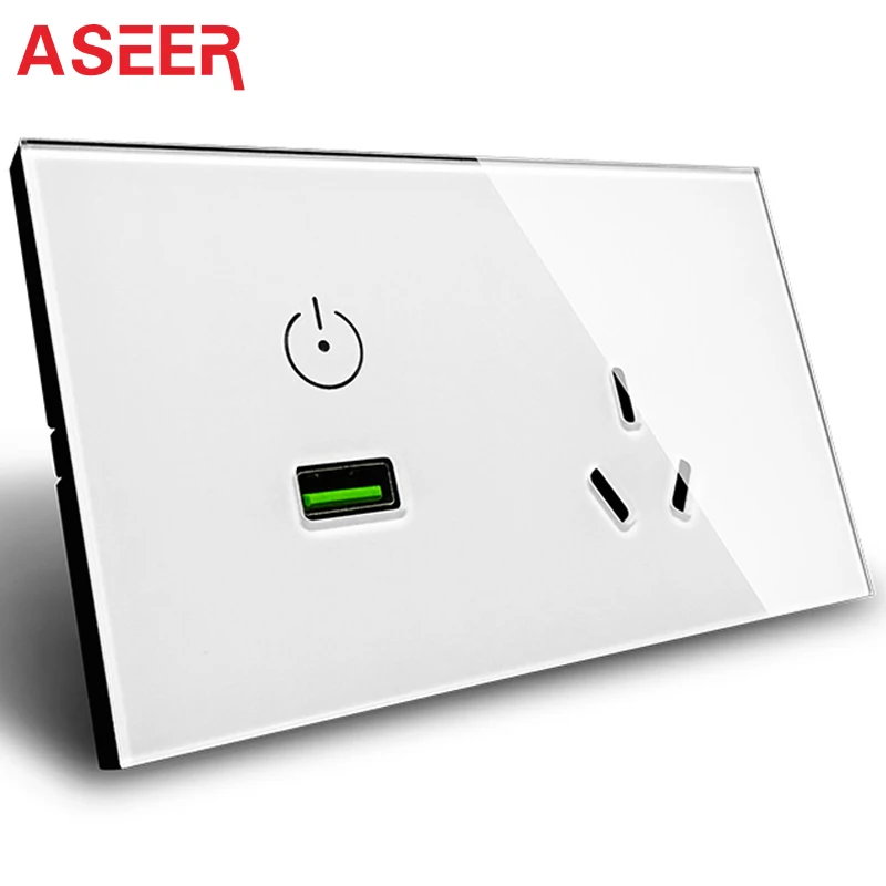 

ASEER AU Approved USB Wall Power Socket,White Crystal Glass Panel,Touch Switch USB Wall Socket with Wall Outlet,220V plug socket