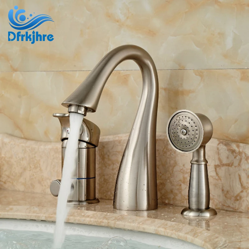 

Modern Deck Mounted Bathroom Waterfall 3 Holes Bathtub Faucet Brushed Nickel Finish 3pcs