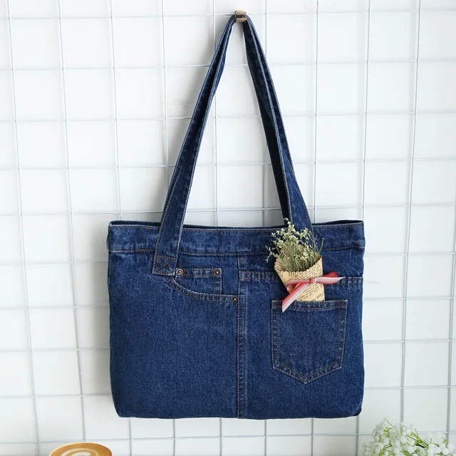 Casual Fashion Zipper Design Black Blue Light Denim Pocket Casual Fashion Zipper Design Black Blue Light Denim Pocket Vintage Women Tote Bags Lady Handbags