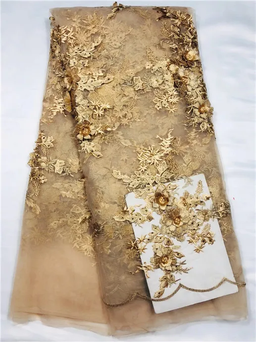 

African Nigeria beaded lace fabric 2019 high quality three-dimensional mesh lace fabric wedding dress Gold French tulle lac(YJ-1