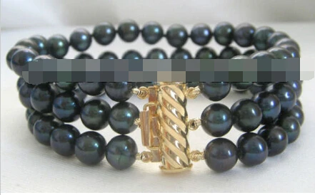 

Hot selling>@@ > 00971 3row BLACK perfect round freshwater pearl bracelet -Bride jewelry free shipping
