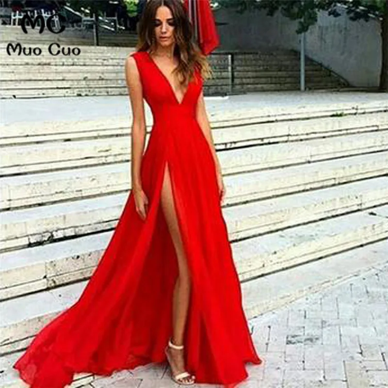 Wellbridal 2018 красное платье с разрезом для выпускного вечера длинное глубоким v