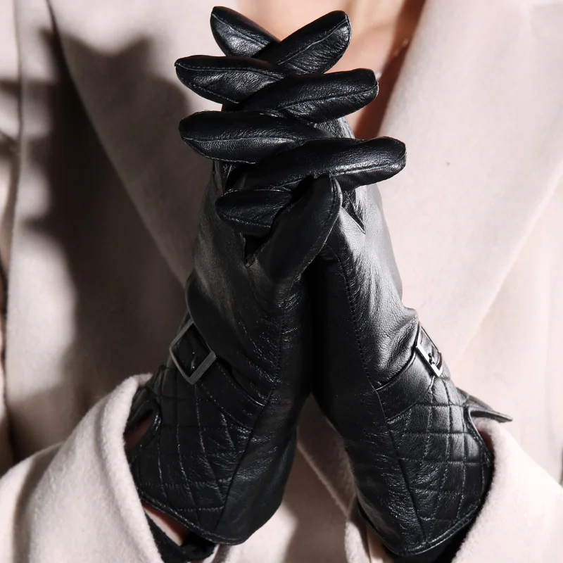 Женские кожаные перчатки из овчины для женщин женские черные перчатки из натуральной кожи модные перчатки женские варежки - Цвет: Grid pattern