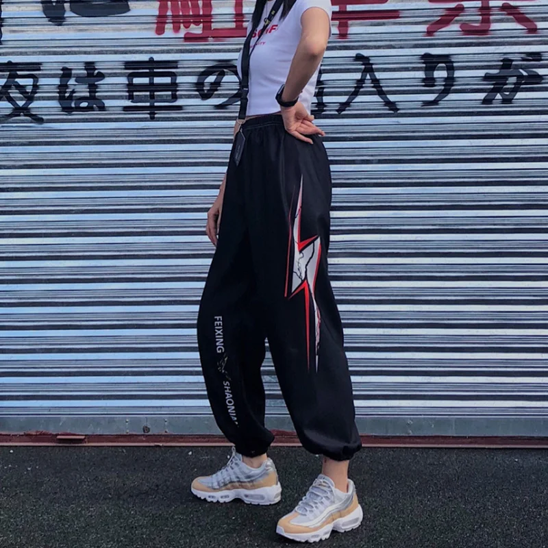Ladies 2019 Lightning print Student Hiphop Punk Summer Harajuku style High Street Elastic High Waist Straight Pants Women Ladies 2019 Lightning print Student Hiphop Punk Summer Harajuku style High Street Elastic High Waist Straight Pants Women