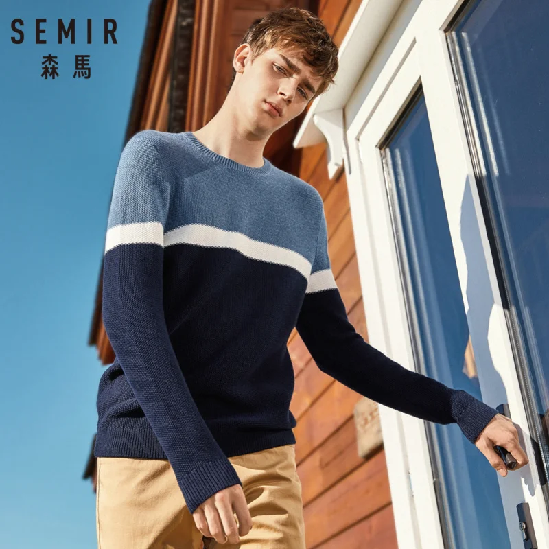 SEMIR Men Rib Knit Color Block Sweater Men's Pullover Sweater with Ribbed Crewneck Cuff and Hem Casual Style for Spring Autumn