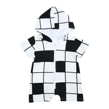 Unisex Baby Boys Girls Clothing White Black Grids Short Sleeve Zipper Hooded Romper Summer Cotton Baby Romper for 0-24M