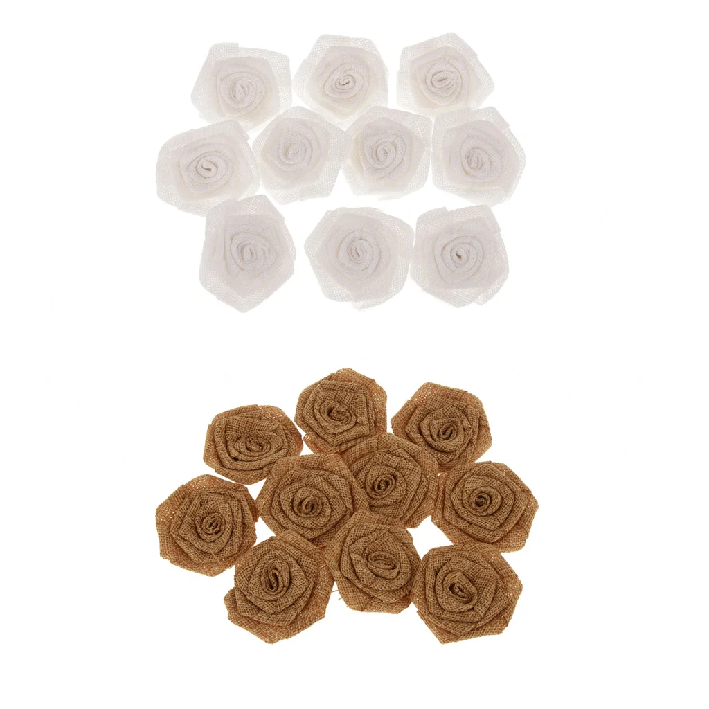 20Pcs Wedding Party Decor Artificial Flowers Clips Hair Bands Hat Clothes Scrapbooking DIY Linen Roses White+Brown