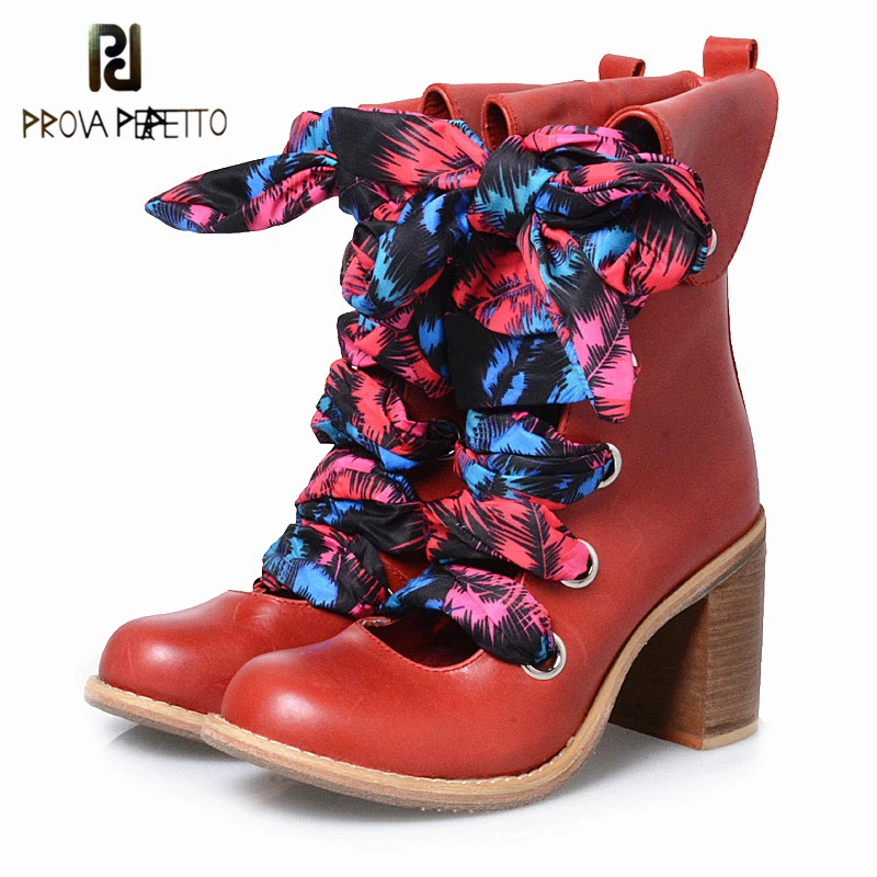 Prova Perfetto Spring Autumn Retro Colorful Riband Cross-tied Women Short Boots Real Leather Round Toe Chunky High Heels Boots Prova Perfetto Spring Autumn Retro Colorful Riband Cross-tied Women Short Boots Real Leather Round Toe Chunky High Heels Boots