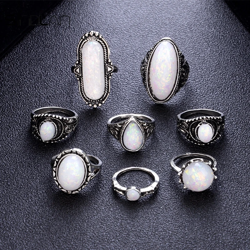 

Sindlan Ring Fashion Ethnic Wedding 8pcs/Set Wedding Jewelry Vintage Big Crystal Opal Bohemia Punk Metal Knuckle Ring For Women