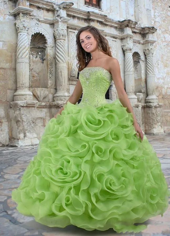 

Plus Size Green Organza Ball Gown Embroidered Quinceanera Dresses Strapless Ruffles Skirt and Corset Girls' Pageant Dresses 2019