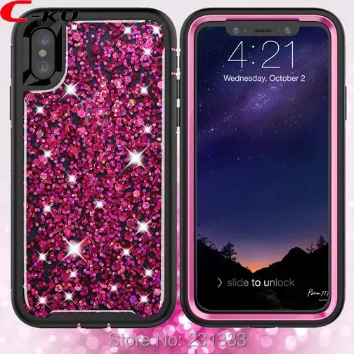 

C-ku For Iphone X 8 7 PLUS 7PLUS 6 6S Glitter Hybrid Armor TPU PC Hard Case Shockproof 3 in 1 Sequins Cover Skin Fashion 100pcs