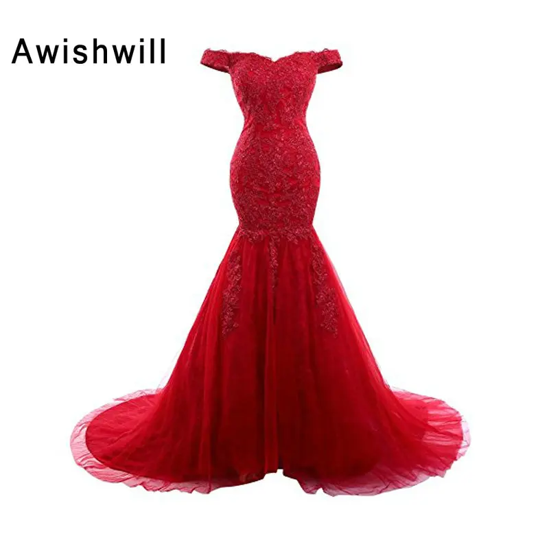 

Elegant Off The Shoulder Evening Gowns Long Appliques Tulle Mermaid Formal Prom Dress 2019 New Engagement Evening Dress