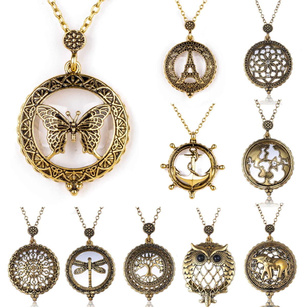 Retro Antique Statement Necklace Shellhard Crystal Cat Magnifying Glass Pendant Long Chain Necklace Fashion Jewelry For Women