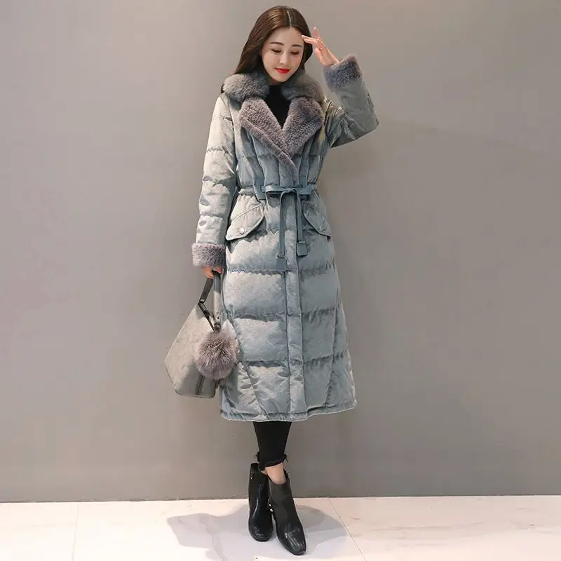 2018 Winter Women White Duck Down Jacket Suit Collar Fox Fur Collar Gold Velvet Thick Coat Female Slim Warm Long Outwear O815 2018 Winter Women White Duck Down Jacket Suit Collar Fox Fur Collar Gold Velvet Thick Coat Female Slim Warm Long Outwear O815