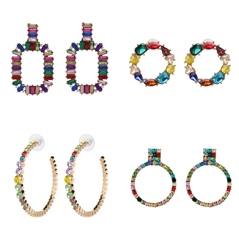FASHIONSNOOPS New Colorful Crystal Drop Earrings Women Trendy 2019 Geometric Pendant Earrings Wedding Party Fashion Jewelry