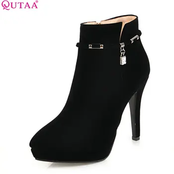 

QUTAA 2018 Women Ankle Boots High Quality Flock Pu Leather Thin High Heel Pointed Toe Zipper Ladies Ankle Boots Size 34-43