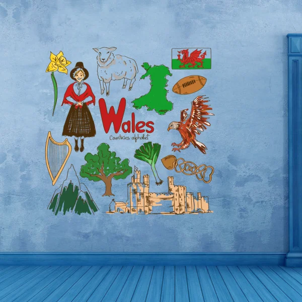 Wales Colorful Illustration Travel The Word Landmark Wall Sticker Wedding Decor Vinyl Waterproof