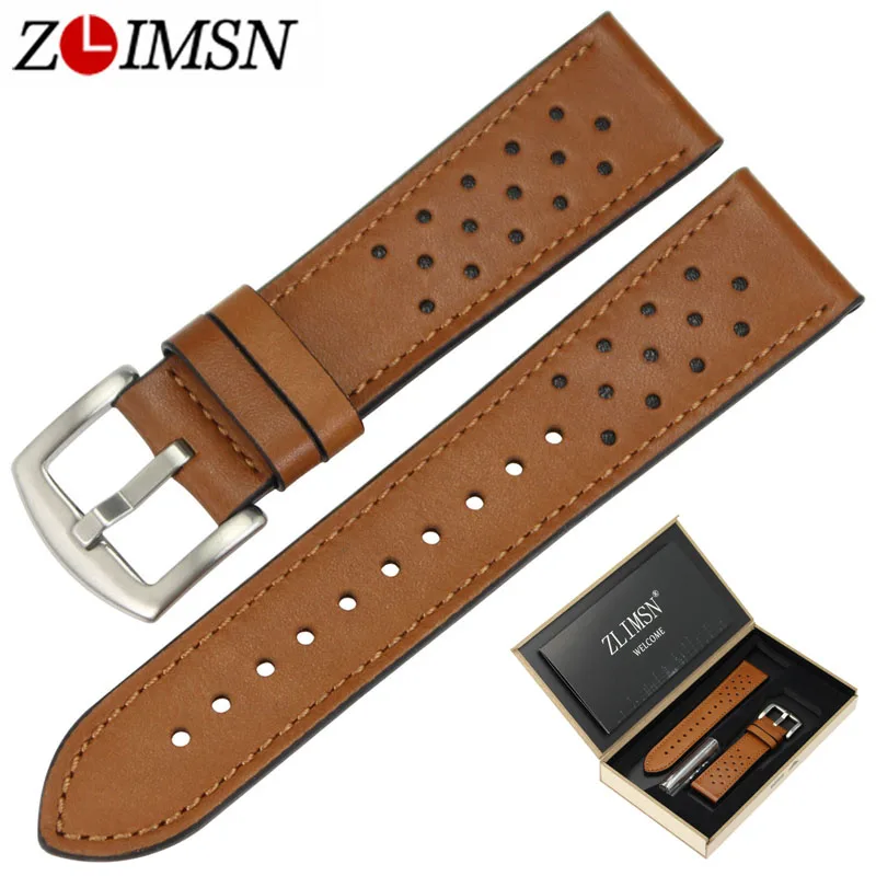 

ZLIMSN 22mm Watch Strap Brown Genuine Leather Watchbands Replacement with Black Silver 316L Stainless Steel Buckle