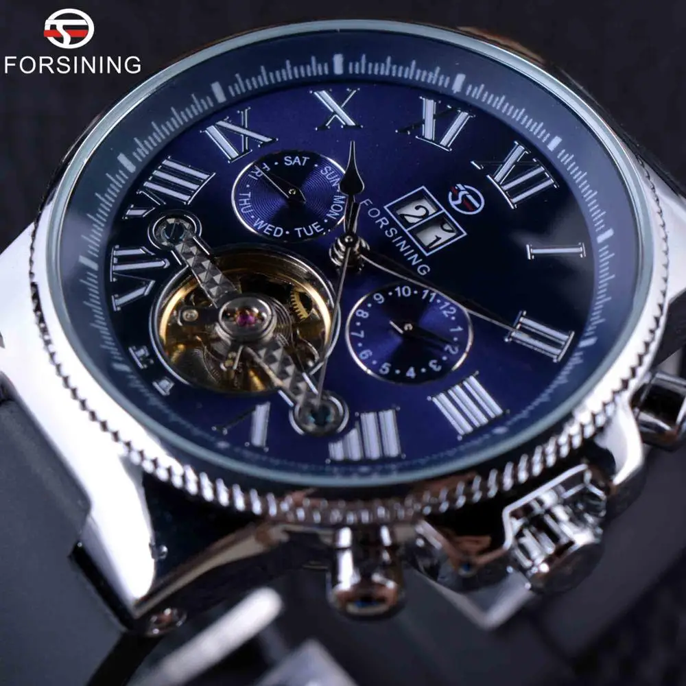 Forsining розовое золото ободок турбийн Дизайнер Высокое качество ПВХ ремешок Мужские автоматические наручные часы Мужские часы лучший бренд класса люкс - Цвет: White Blue