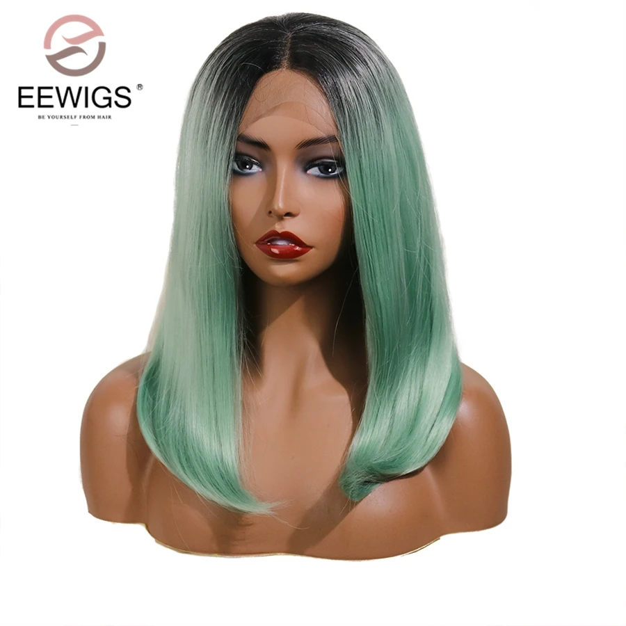 

EEWIGS Shoulder Length Ombre Lace Front Wig Green Middle Part Short Bob Wig Heat Resistant Synthetic Lace Front Wig For Women