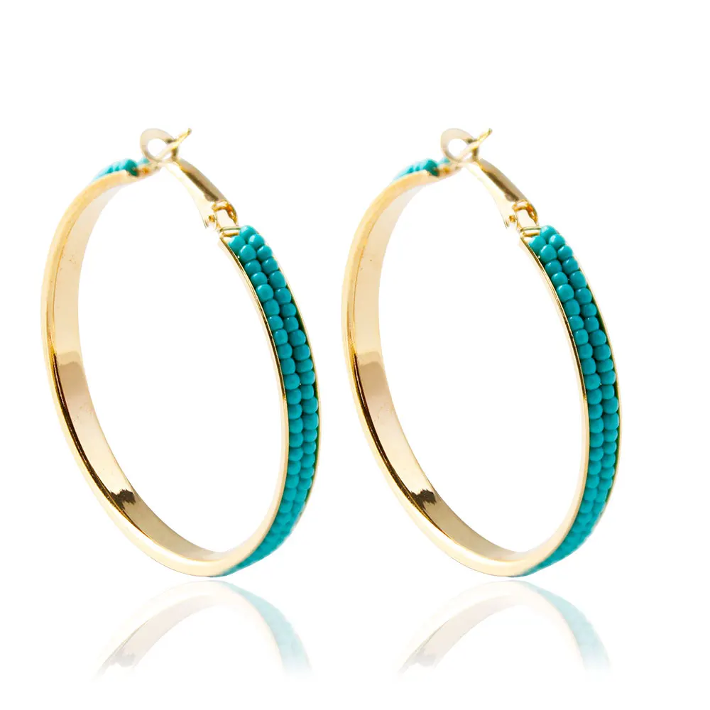 

F&U New Arrival Summer Collection Earrings Gold Color Zinc Alloy with Glass Beads Arounded Hoop Earrings