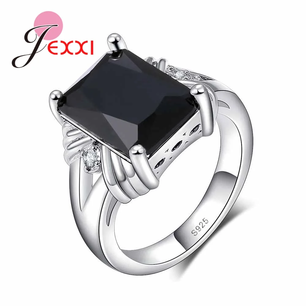 

JEXXI Fine Jewelry 925 Sterling Silver Black Stones Rings CZ Zircon Crystal Wedding Rings for Women Fashion Finger Accessory