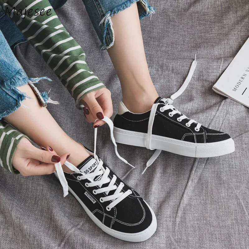 

Women's Vulcanize Shoes Canvas Lace-up Korean Style Simple Soft Bottom Sneaker Womens Chic Breathable Deodorant Classic Ladies