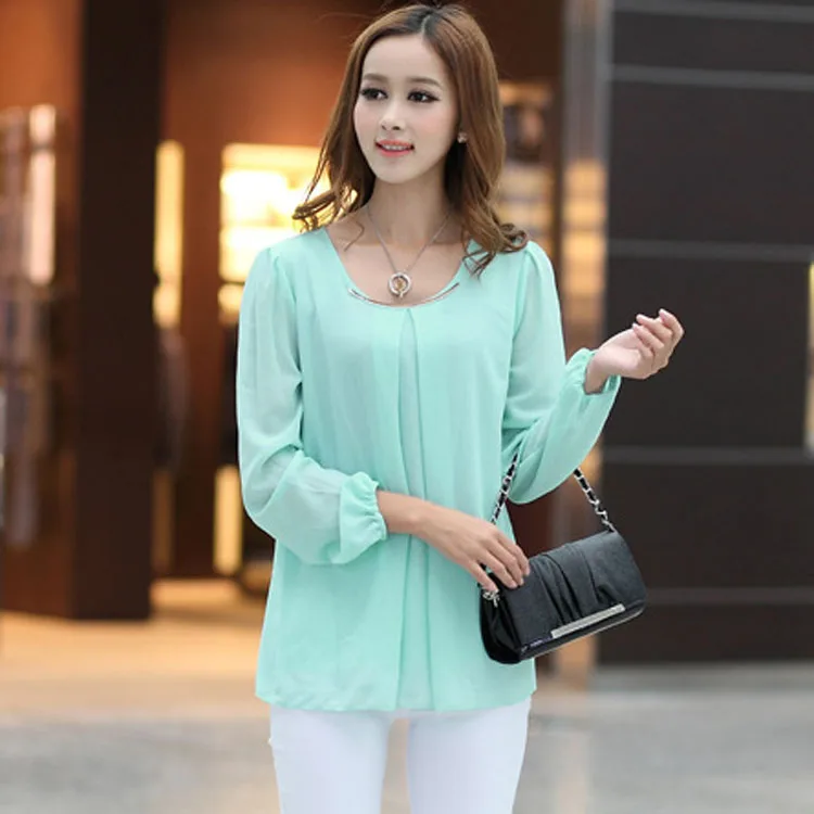 2015 Women's O Neck Long Sleeve Dipped Hem Chiffon Blouse Ladies Mint
