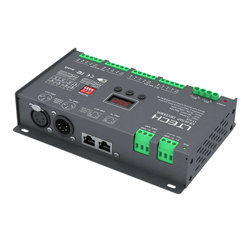 Новый светодио дный DMX-PWM декодер; DC12-24V вход; 3A * 16CH Max 48A 1152 Вт выходной XLR-3/RJ45/Зеленый терминал Порты и разъёмы 16 Декодер каналов