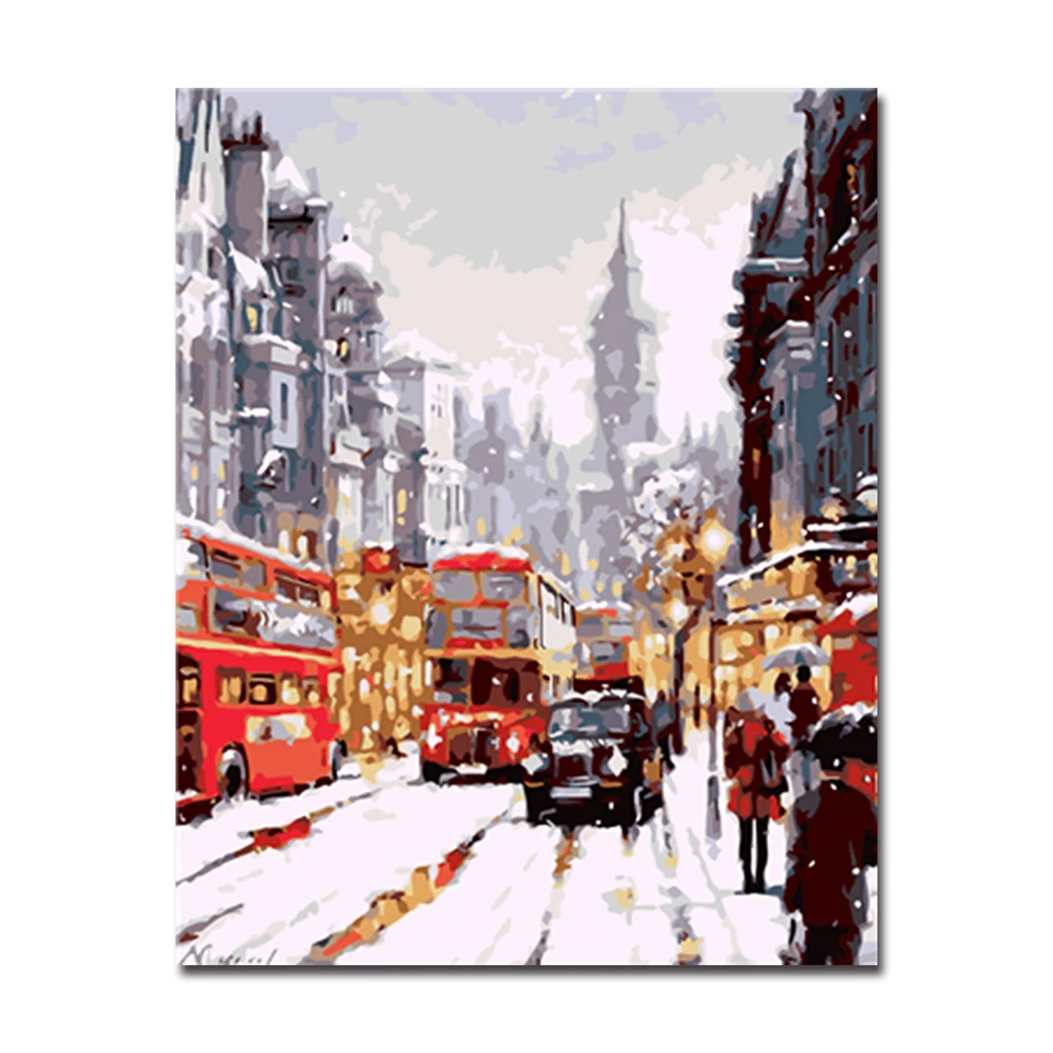 

DIY Oil Painting By Numbers Kits Coloring Abstract Wall Art London Winter Street Red Bus Landscape Canvas Pictures Home Decor