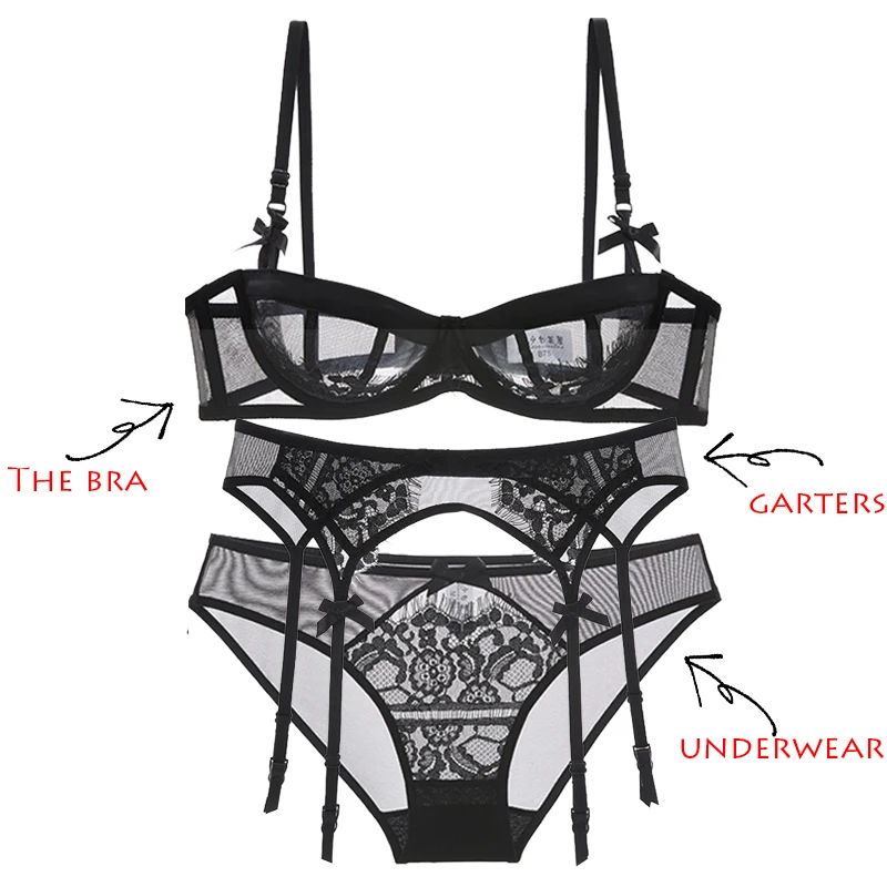 Super thin transparent half cup bra underpants garter belt set sexy lady lace